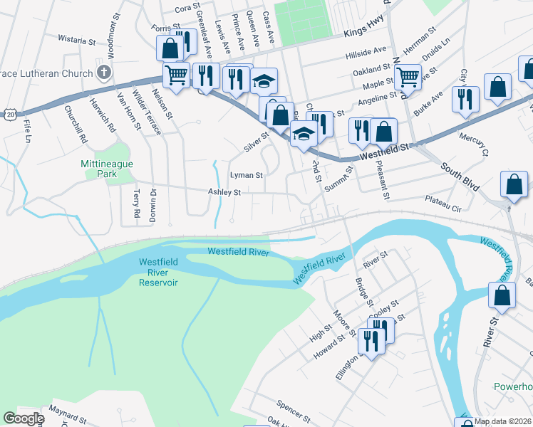 map of restaurants, bars, coffee shops, grocery stores, and more near 30 Ames Avenue in West Springfield