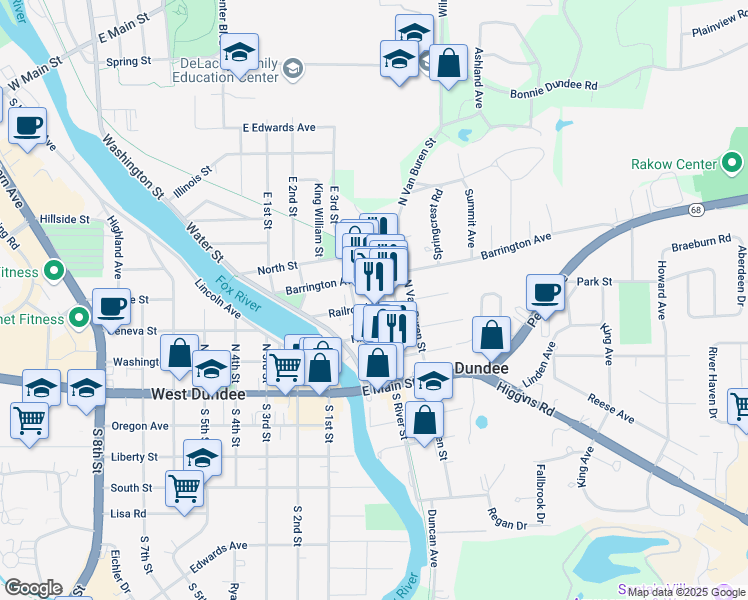map of restaurants, bars, coffee shops, grocery stores, and more near 4 East 3rd Street in East Dundee