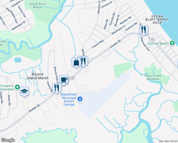 map of restaurants, bars, coffee shops, grocery stores, and more near 1179 Ocean Street in Marshfield