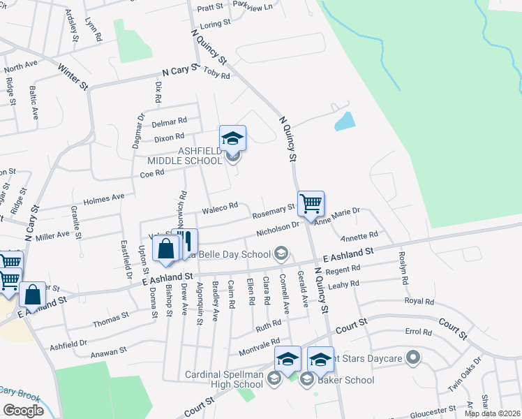 map of restaurants, bars, coffee shops, grocery stores, and more near 47 Nicholson Drive in Brockton
