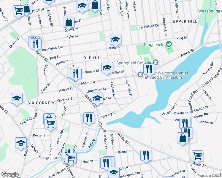 map of restaurants, bars, coffee shops, grocery stores, and more near 60 Marshall Street in Springfield