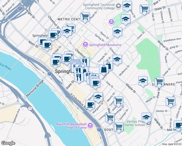 map of restaurants, bars, coffee shops, grocery stores, and more near in Springfield