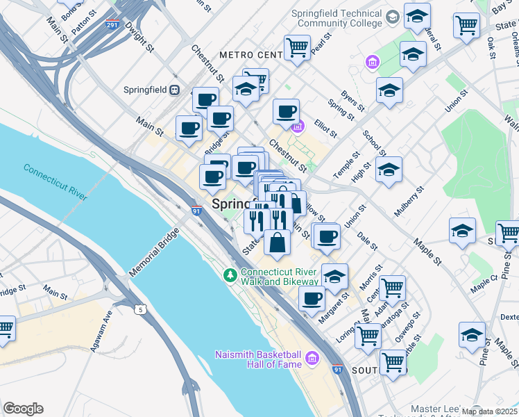 map of restaurants, bars, coffee shops, grocery stores, and more near 3 State Street in Springfield