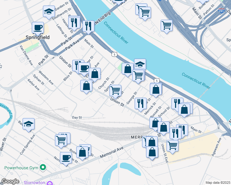 map of restaurants, bars, coffee shops, grocery stores, and more near 84 Hill Street in West Springfield