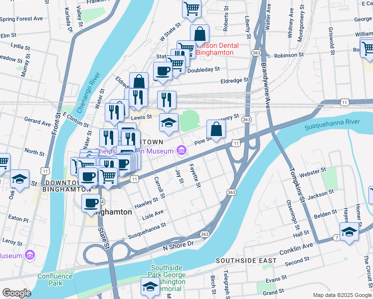map of restaurants, bars, coffee shops, grocery stores, and more near in Binghamton