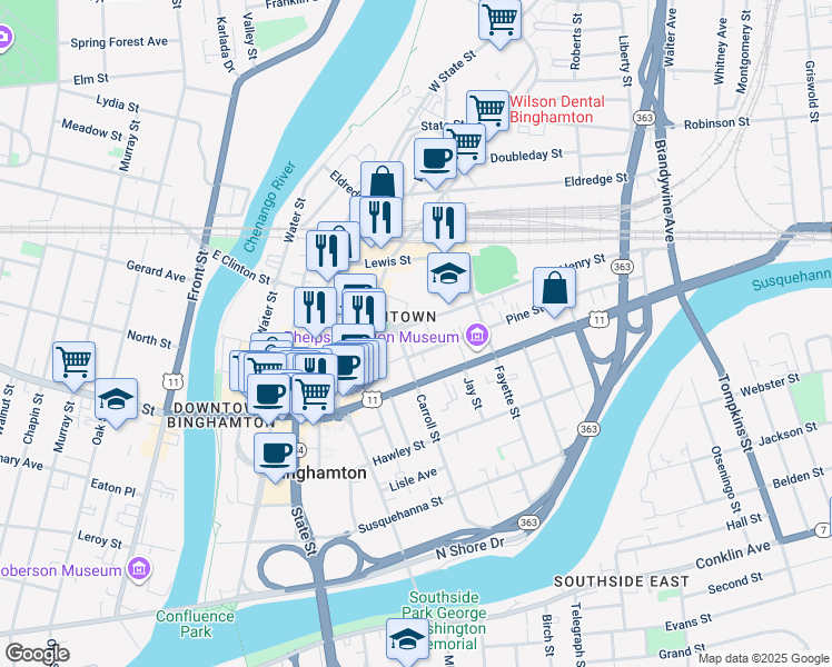 map of restaurants, bars, coffee shops, grocery stores, and more near 8 Pine Street in Binghamton