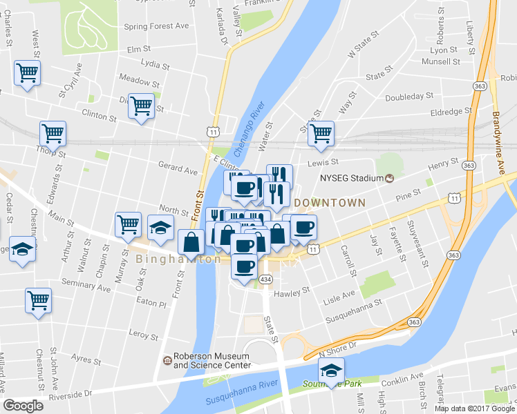 map of restaurants, bars, coffee shops, grocery stores, and more near in Binghamton