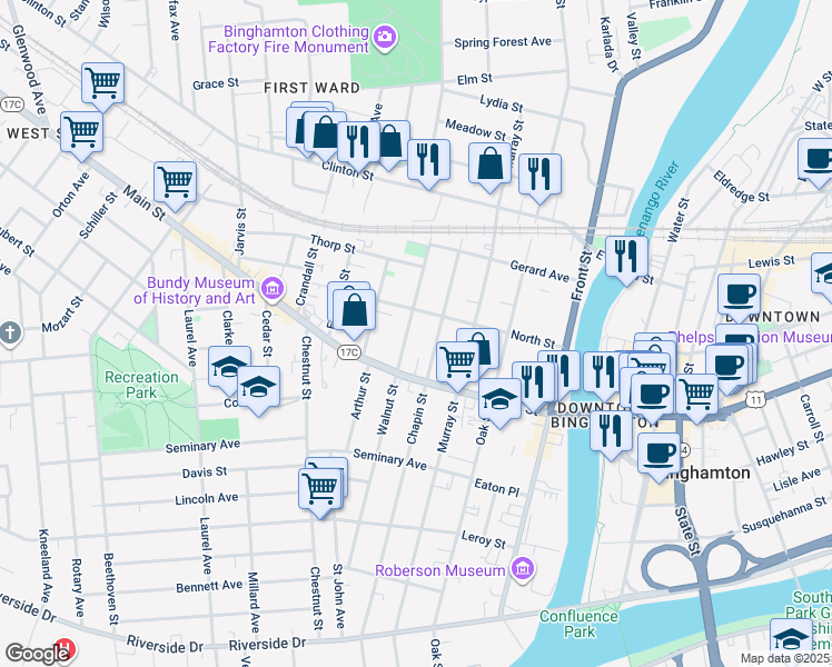 map of restaurants, bars, coffee shops, grocery stores, and more near 151 Chapin Street in Binghamton