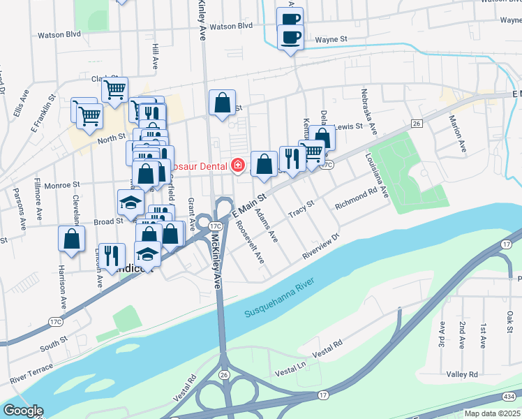map of restaurants, bars, coffee shops, grocery stores, and more near 1712 Tracy Street in Endicott