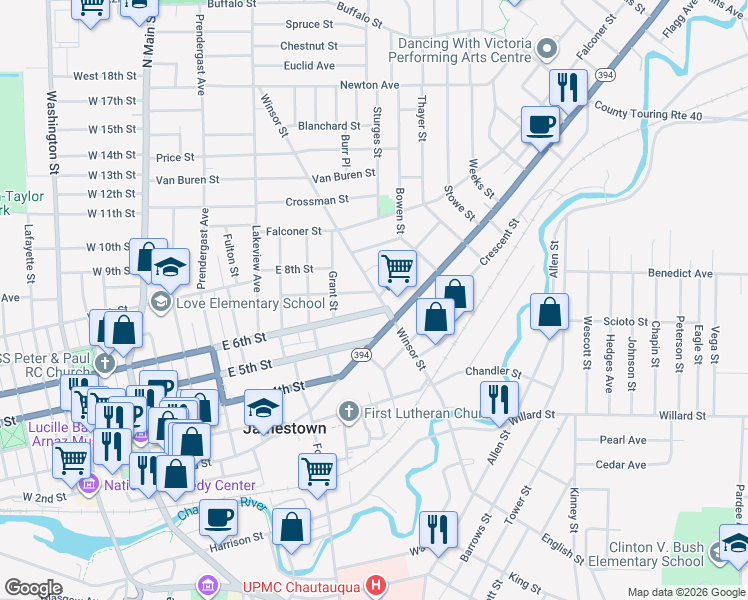 map of restaurants, bars, coffee shops, grocery stores, and more near 654 East 6th Street in Jamestown
