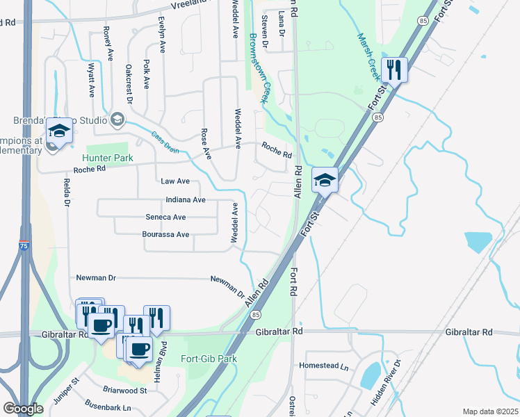 map of restaurants, bars, coffee shops, grocery stores, and more near 28394 Brookfield Court in Brownstown Charter Township