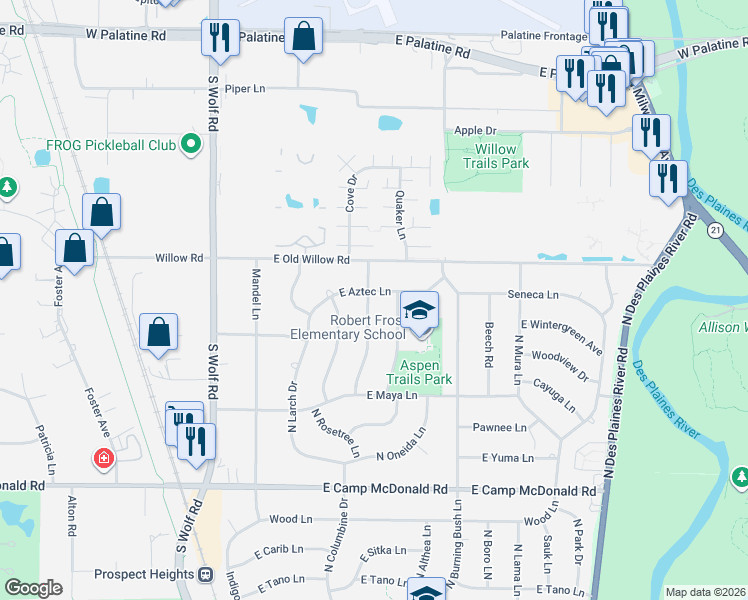 map of restaurants, bars, coffee shops, grocery stores, and more near 1808 North Aralia Drive in Mount Prospect