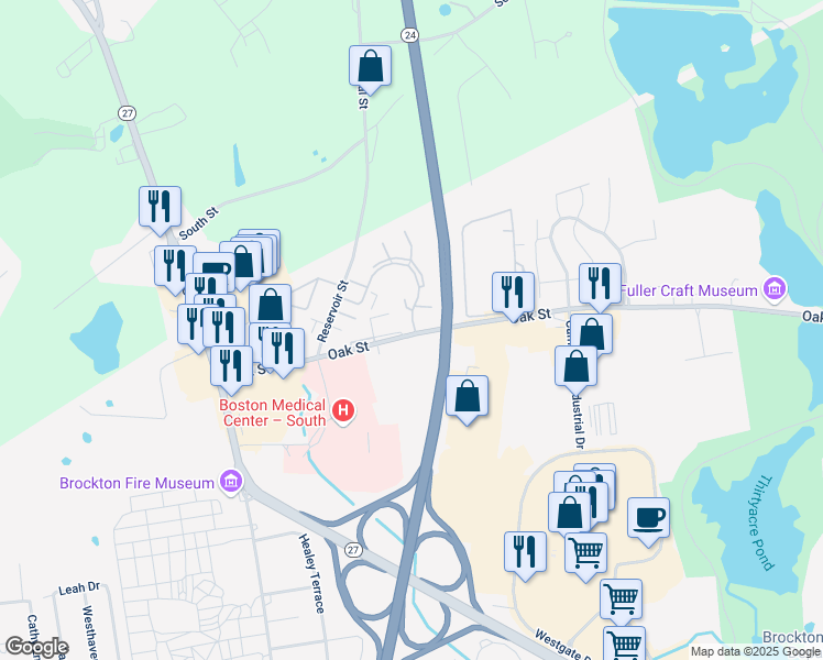 map of restaurants, bars, coffee shops, grocery stores, and more near 755 Oak Street in Brockton