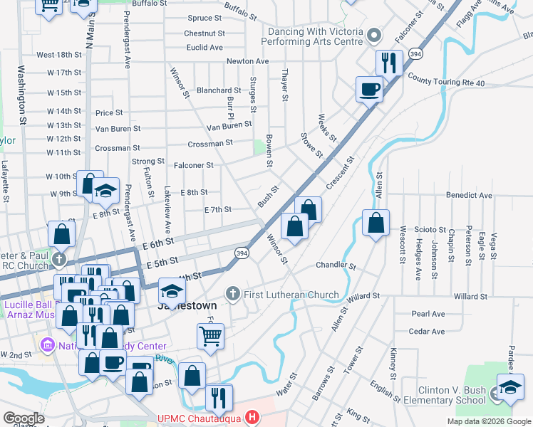map of restaurants, bars, coffee shops, grocery stores, and more near 30 Bush Street in Jamestown