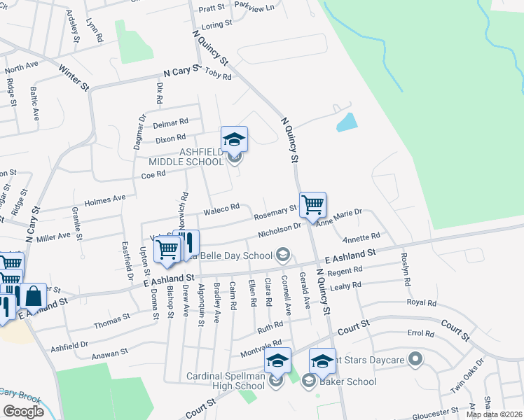 map of restaurants, bars, coffee shops, grocery stores, and more near 47 Nicholson Drive in Brockton