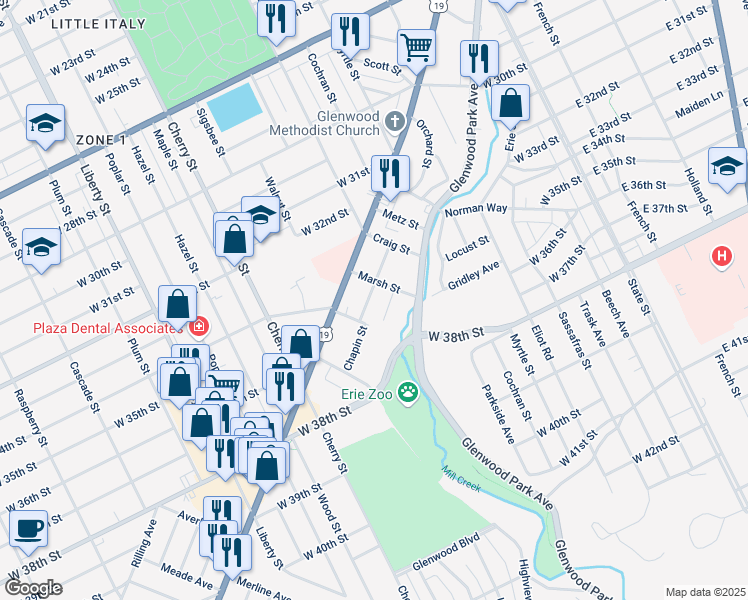 map of restaurants, bars, coffee shops, grocery stores, and more near 3413 Chapin Street in Erie