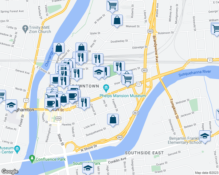 map of restaurants, bars, coffee shops, grocery stores, and more near 36 Pine Street in Binghamton