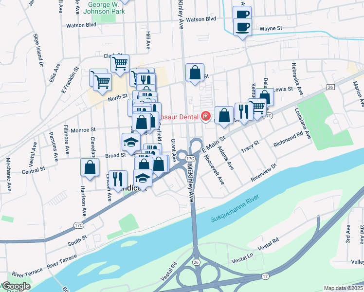 map of restaurants, bars, coffee shops, grocery stores, and more near 1408 Broad Street in Endicott