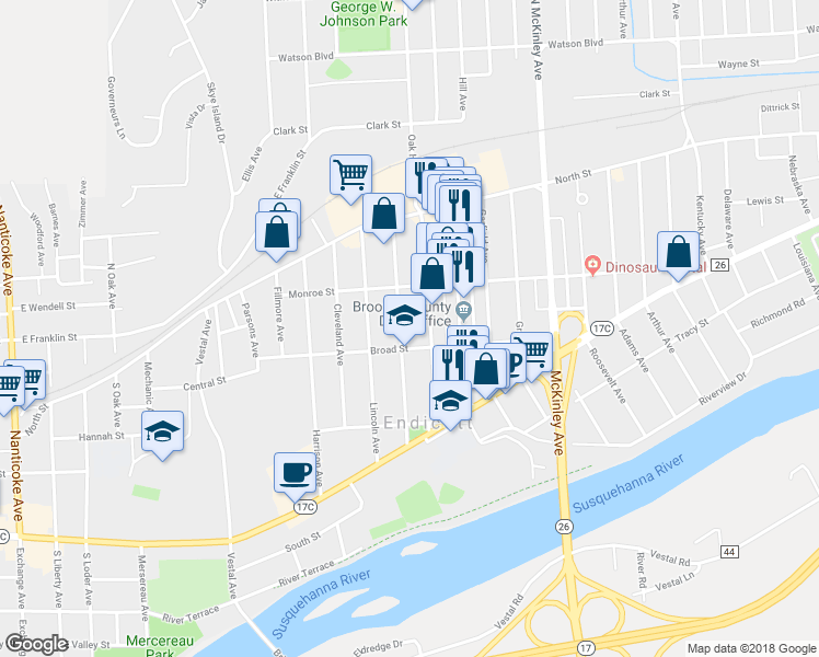 map of restaurants, bars, coffee shops, grocery stores, and more near 115 Jefferson Avenue in Endicott