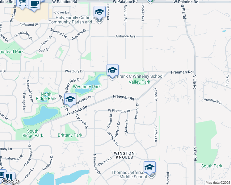 map of restaurants, bars, coffee shops, grocery stores, and more near 975 Freeman Road in Hoffman Estates