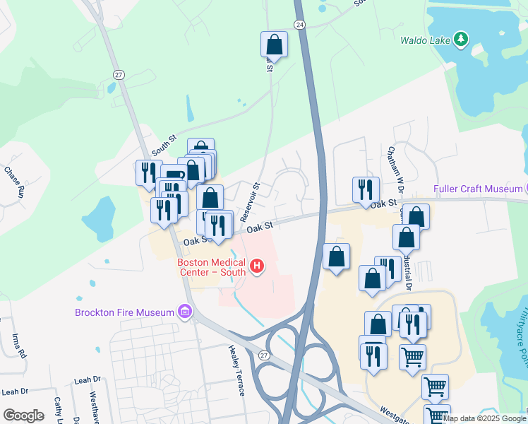 map of restaurants, bars, coffee shops, grocery stores, and more near 827 Oak Street in Brockton