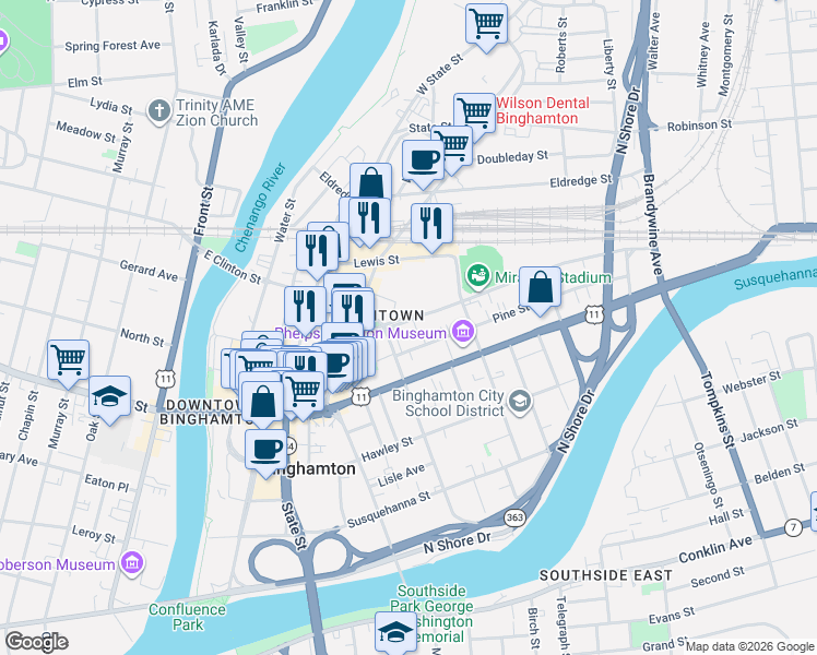 map of restaurants, bars, coffee shops, grocery stores, and more near 8 Pine Street in Binghamton