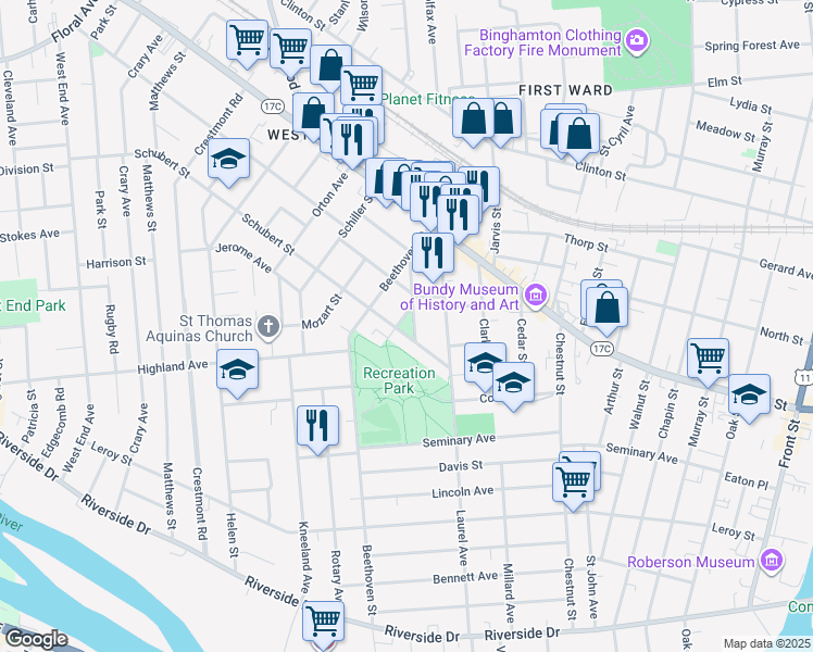map of restaurants, bars, coffee shops, grocery stores, and more near 19 Schubert Street in Binghamton