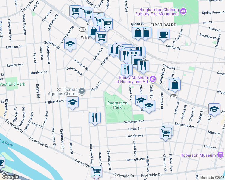 map of restaurants, bars, coffee shops, grocery stores, and more near 16 Haendel Street in Binghamton