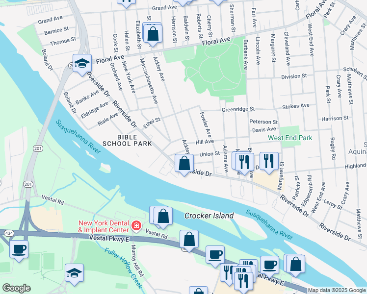 map of restaurants, bars, coffee shops, grocery stores, and more near 251 Ackley Avenue in Johnson City