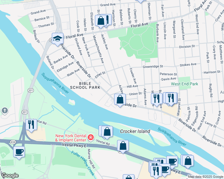map of restaurants, bars, coffee shops, grocery stores, and more near 28 Elfred Street in Johnson City