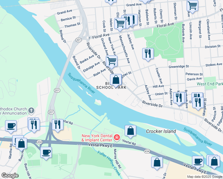 map of restaurants, bars, coffee shops, grocery stores, and more near 400 Riverside Dr in Johnson City