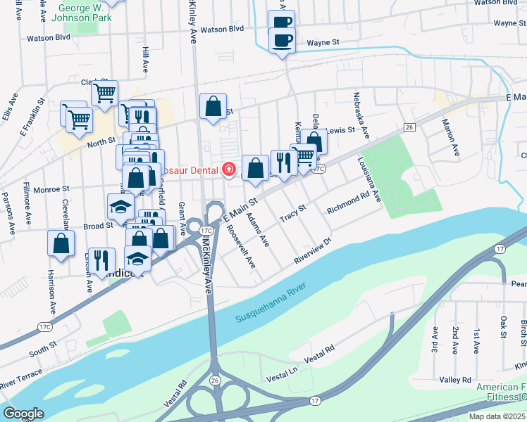 map of restaurants, bars, coffee shops, grocery stores, and more near 1712 Tracy Street in Endicott