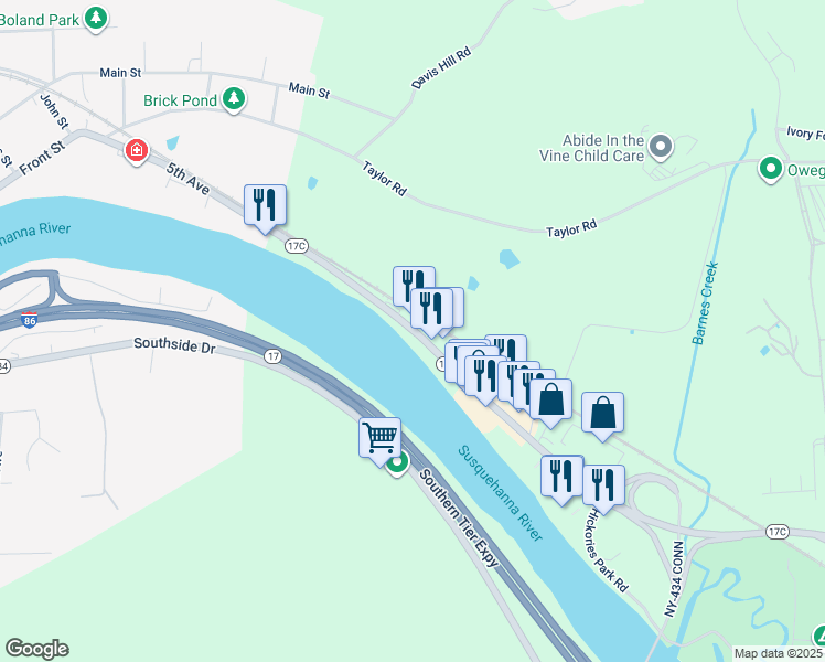 map of restaurants, bars, coffee shops, grocery stores, and more near 770 Highway 17C in Owego