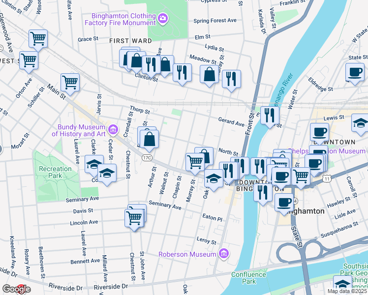 map of restaurants, bars, coffee shops, grocery stores, and more near 159 Chapin Street in Binghamton