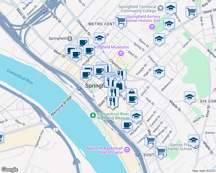 map of restaurants, bars, coffee shops, grocery stores, and more near 3 State Street in Springfield