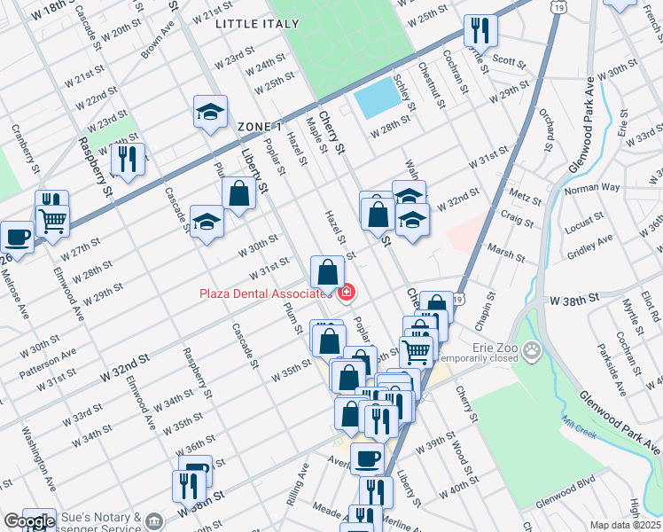 map of restaurants, bars, coffee shops, grocery stores, and more near 3200 Poplar Street in Erie