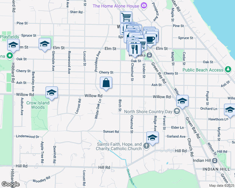 map of restaurants, bars, coffee shops, grocery stores, and more near 879 Willow Road in Winnetka