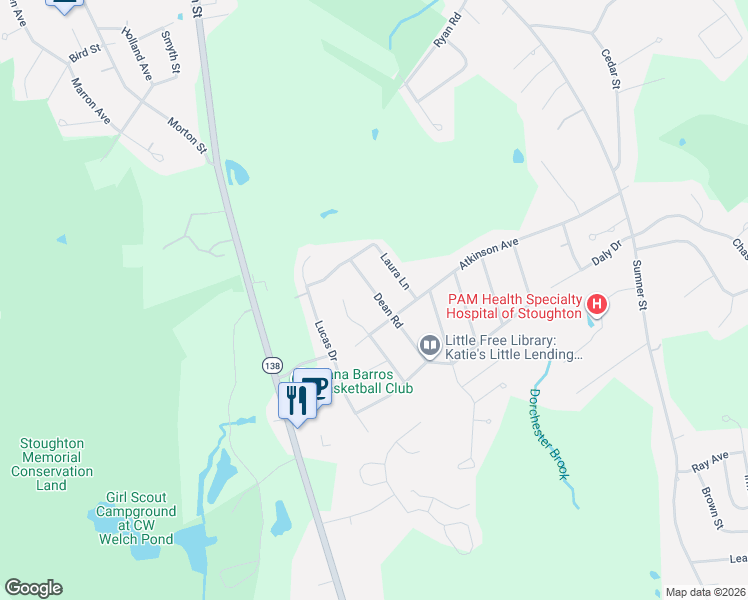 map of restaurants, bars, coffee shops, grocery stores, and more near 117 Dean Road in Stoughton