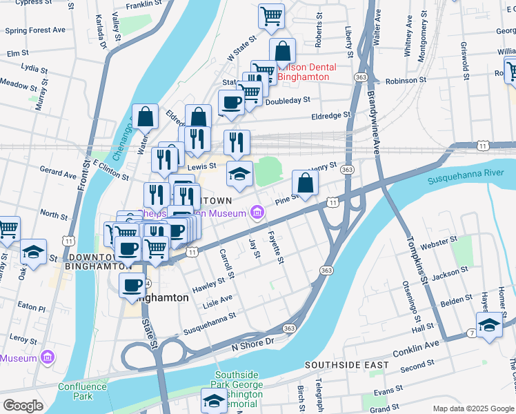 map of restaurants, bars, coffee shops, grocery stores, and more near in Binghamton