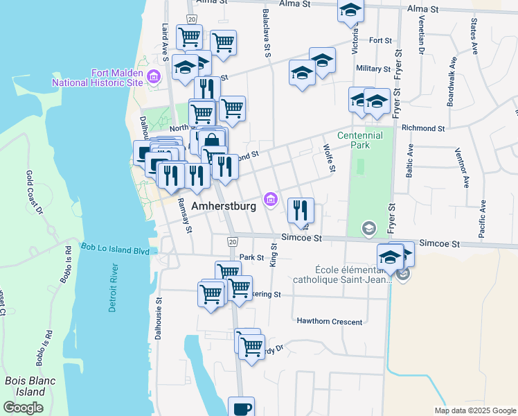 map of restaurants, bars, coffee shops, grocery stores, and more near 274 King Street in Amherstburg