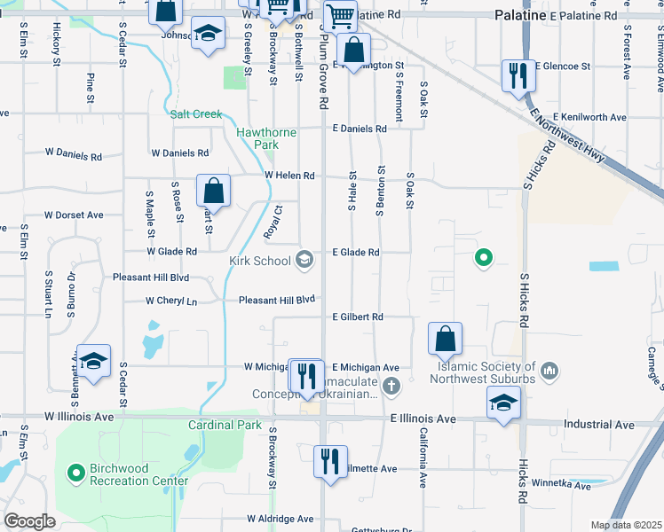 map of restaurants, bars, coffee shops, grocery stores, and more near 440 Plum Grove Road in Palatine