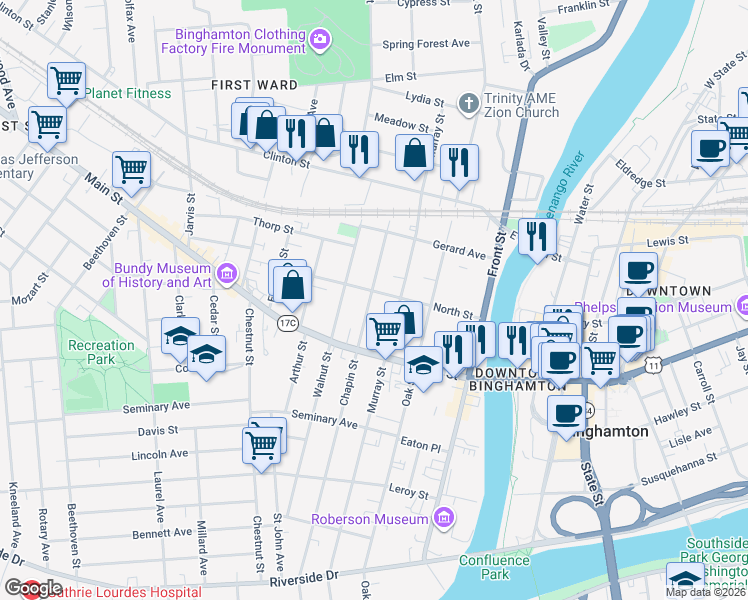 map of restaurants, bars, coffee shops, grocery stores, and more near 172 Chapin Street in Binghamton