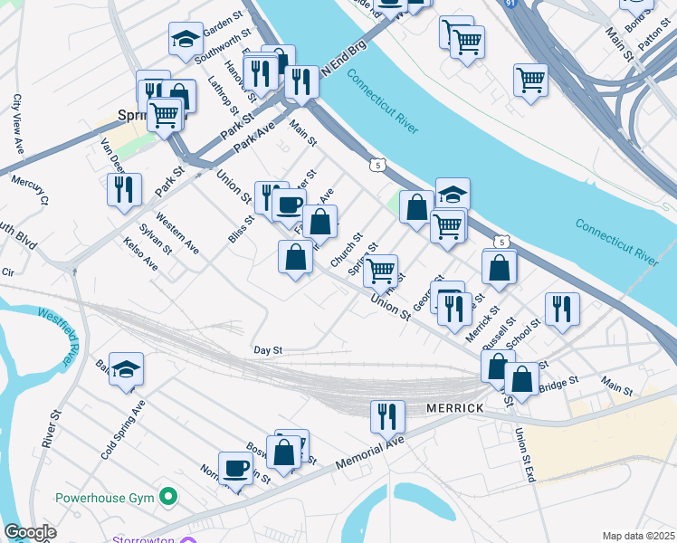 map of restaurants, bars, coffee shops, grocery stores, and more near 55 Church Street in West Springfield