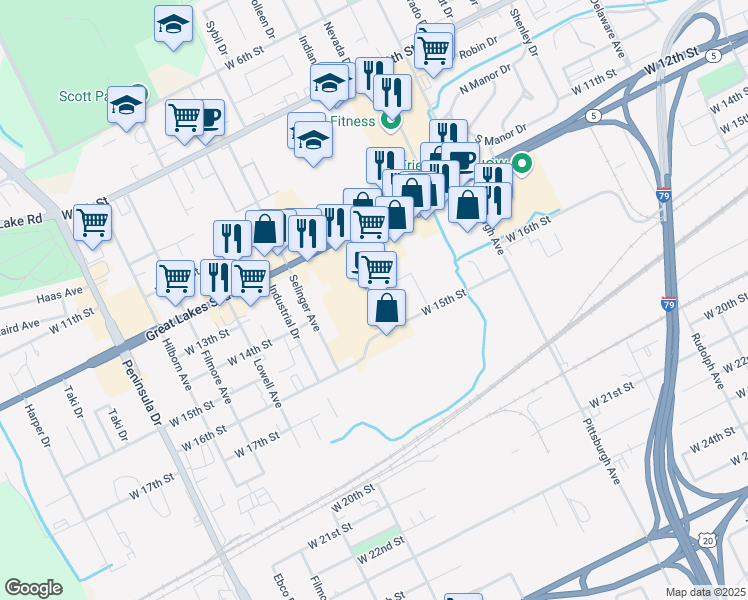 map of restaurants, bars, coffee shops, grocery stores, and more near 2501 West 12th Street in Erie