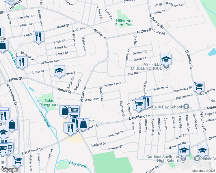 map of restaurants, bars, coffee shops, grocery stores, and more near 45 Amark Road in Brockton