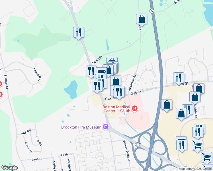 map of restaurants, bars, coffee shops, grocery stores, and more near 1362 Park Street in Stoughton