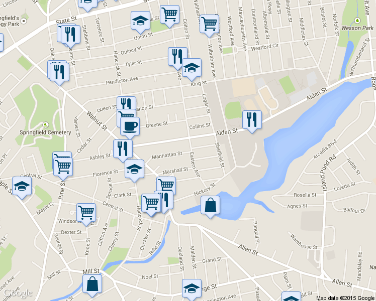 map of restaurants, bars, coffee shops, grocery stores, and more near 123 Alden Street in Springfield