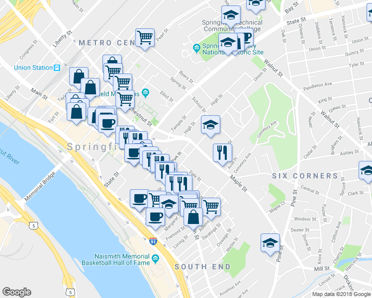 map of restaurants, bars, coffee shops, grocery stores, and more near 77 Maple Street in Springfield