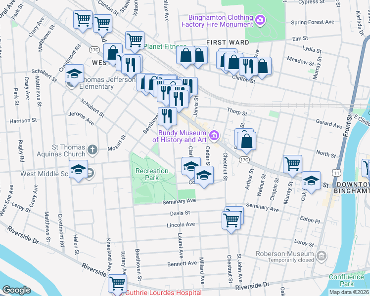 map of restaurants, bars, coffee shops, grocery stores, and more near 42 Clarke Street in Binghamton