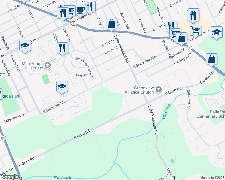 map of restaurants, bars, coffee shops, grocery stores, and more near 805 East Grandview Boulevard in Erie